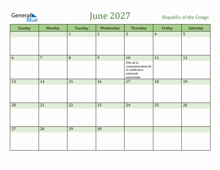 June 2027 Calendar with Republic of the Congo Holidays