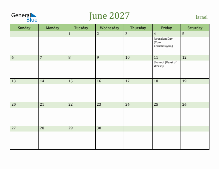 June 2027 Calendar with Israel Holidays