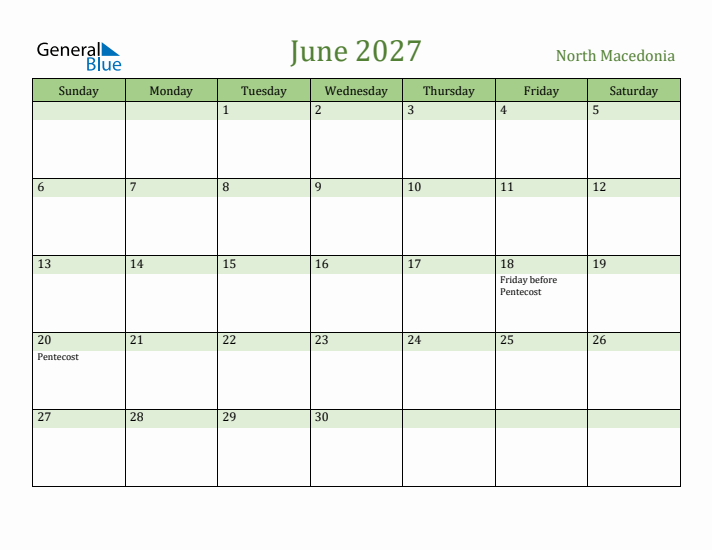 June 2027 Calendar with North Macedonia Holidays