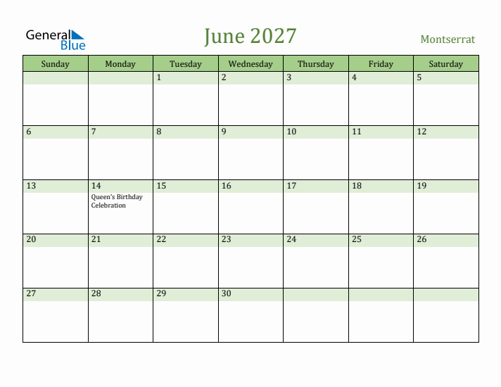 June 2027 Calendar with Montserrat Holidays