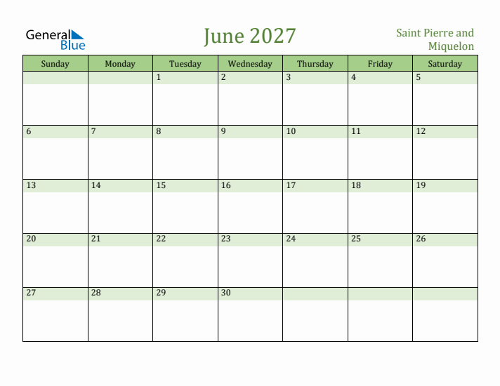 June 2027 Calendar with Saint Pierre and Miquelon Holidays