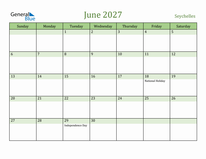 June 2027 Calendar with Seychelles Holidays