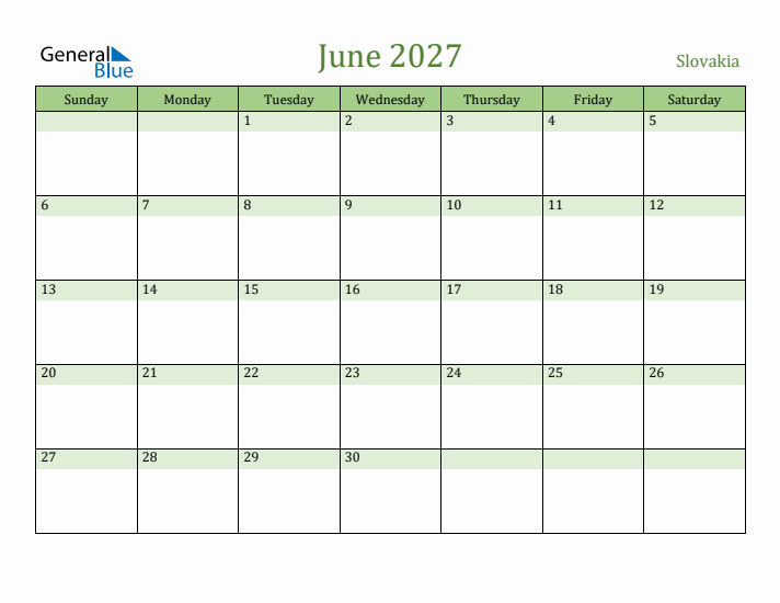 June 2027 Calendar with Slovakia Holidays