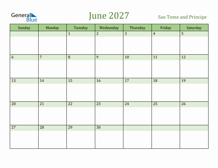 June 2027 Calendar with Sao Tome and Principe Holidays