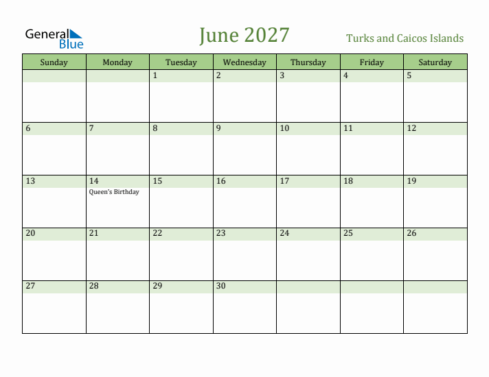 June 2027 Calendar with Turks and Caicos Islands Holidays