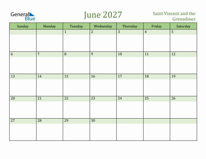 June 2027 Calendar with Saint Vincent and the Grenadines Holidays