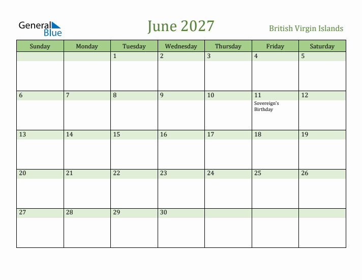 June 2027 Calendar with British Virgin Islands Holidays