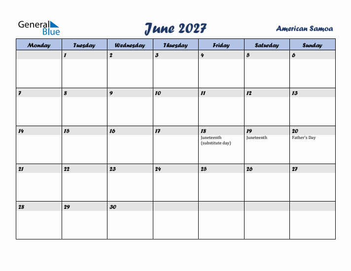 June 2027 Calendar with Holidays in American Samoa