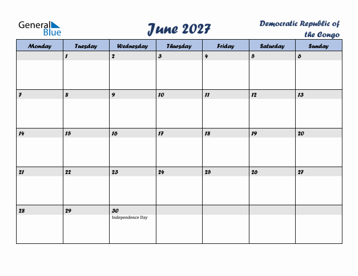 June 2027 Calendar with Holidays in Democratic Republic of the Congo