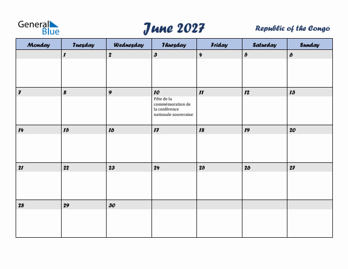 June 2027 Calendar with Holidays in Republic of the Congo