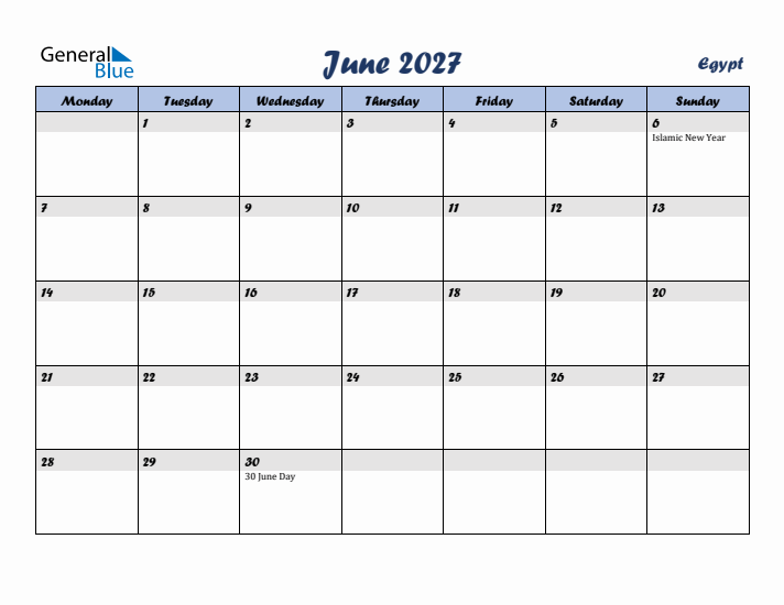 June 2027 Calendar with Holidays in Egypt