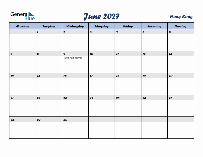 June 2027 Calendar with Holidays in Hong Kong