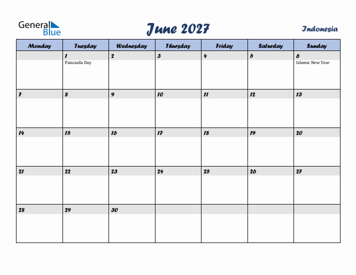 June 2027 Calendar with Holidays in Indonesia