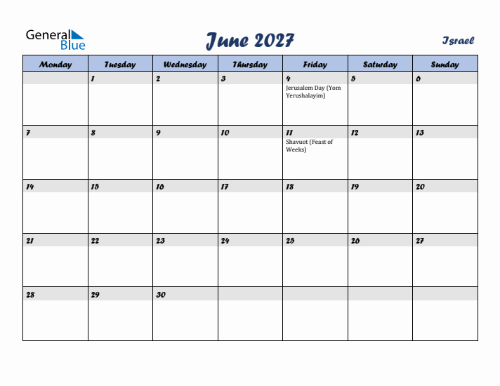 June 2027 Calendar with Holidays in Israel