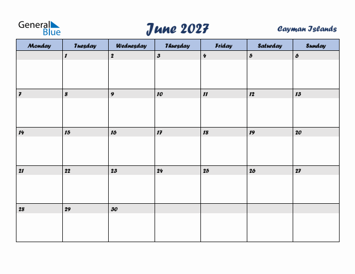 June 2027 Calendar with Holidays in Cayman Islands