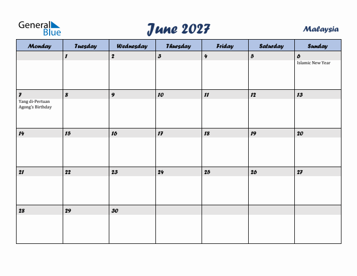 June 2027 Calendar with Holidays in Malaysia