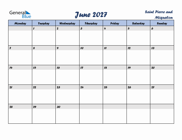June 2027 Calendar with Holidays in Saint Pierre and Miquelon