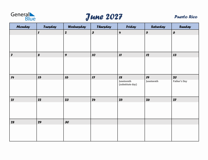 June 2027 Calendar with Holidays in Puerto Rico
