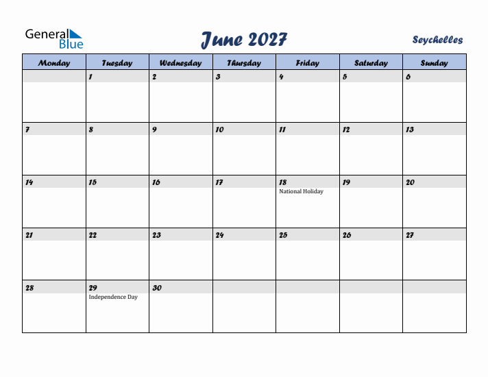 June 2027 Calendar with Holidays in Seychelles