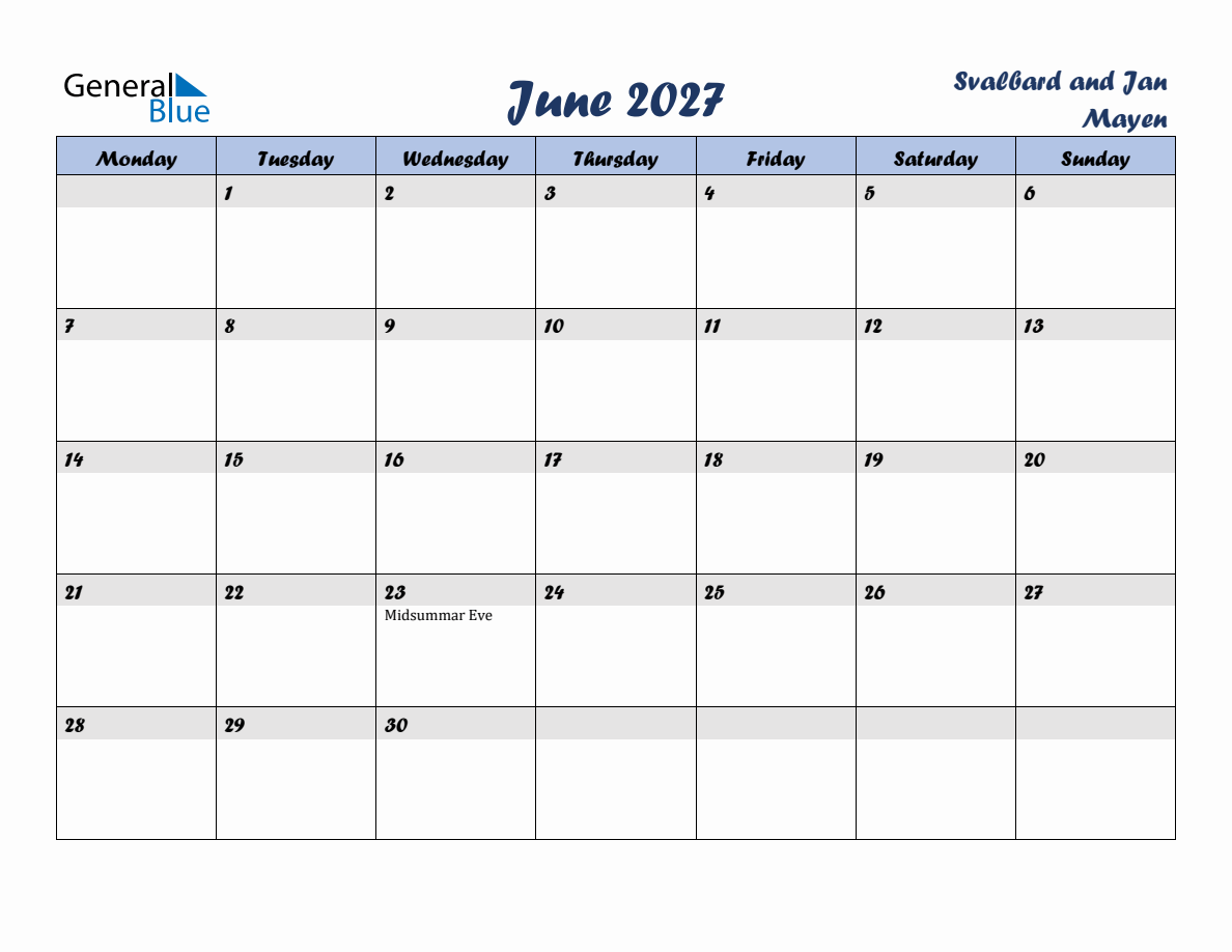 June 2027 Monthly Calendar Template with Holidays for Svalbard and Jan ...
