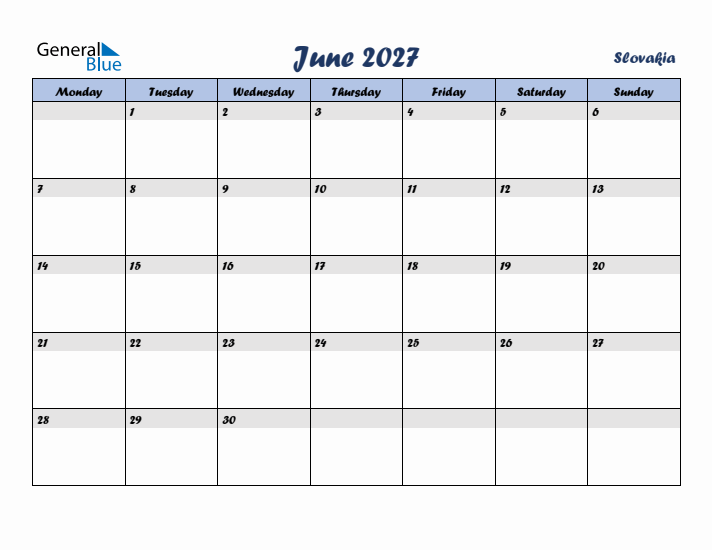 June 2027 Calendar with Holidays in Slovakia