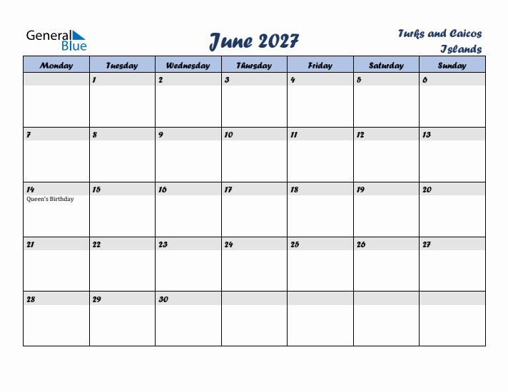 June 2027 Calendar with Holidays in Turks and Caicos Islands