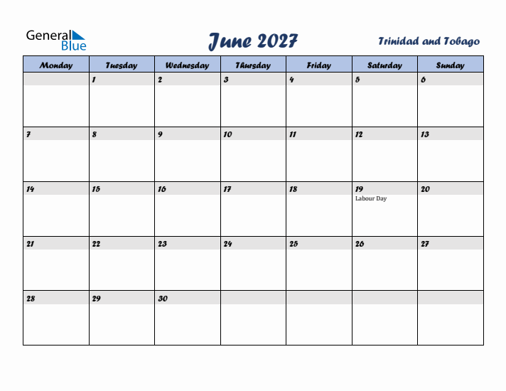 June 2027 Calendar with Holidays in Trinidad and Tobago