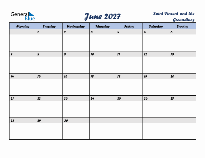 June 2027 Calendar with Holidays in Saint Vincent and the Grenadines