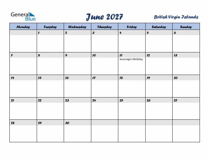 June 2027 Calendar with Holidays in British Virgin Islands