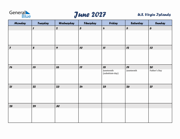 June 2027 Calendar with Holidays in U.S. Virgin Islands