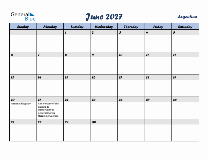 June 2027 Calendar with Holidays in Argentina