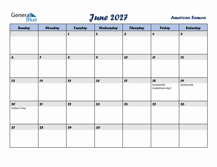 June 2027 Calendar with Holidays in American Samoa