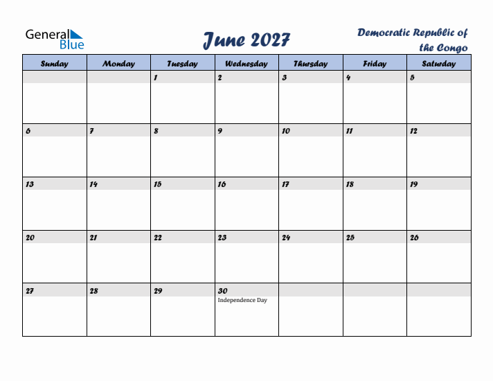 June 2027 Calendar with Holidays in Democratic Republic of the Congo