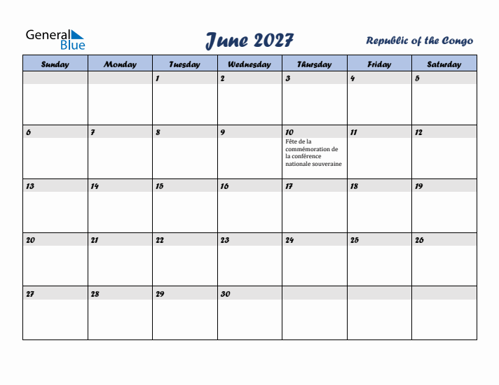 June 2027 Calendar with Holidays in Republic of the Congo
