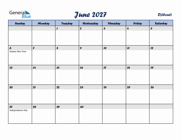 June 2027 Calendar with Holidays in Djibouti