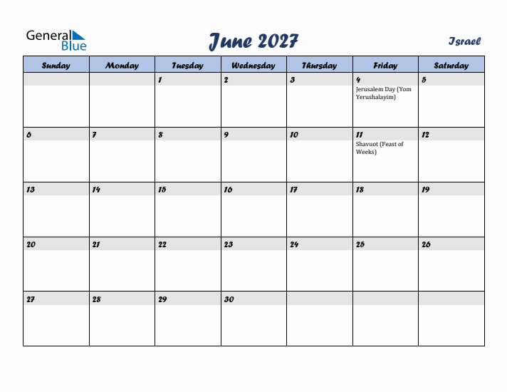 June 2027 Calendar with Holidays in Israel