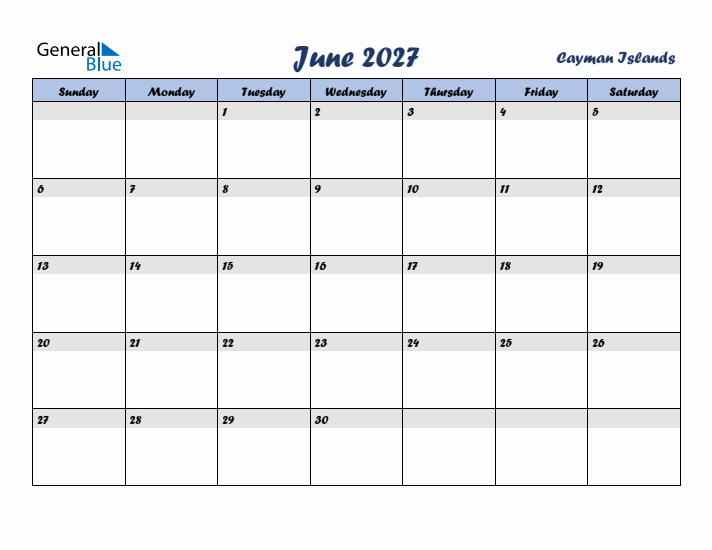 June 2027 Calendar with Holidays in Cayman Islands