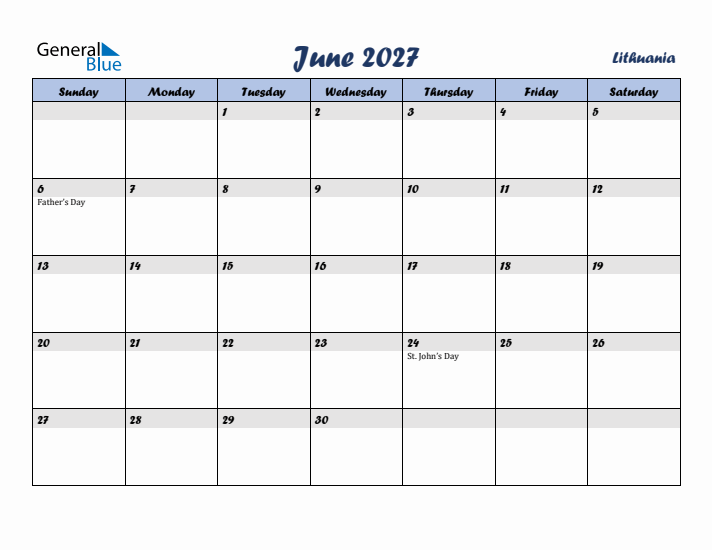 June 2027 Calendar with Holidays in Lithuania