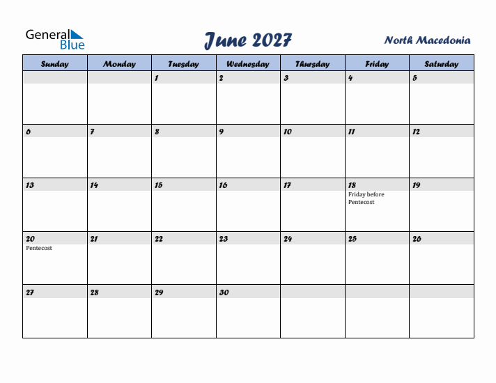 June 2027 Calendar with Holidays in North Macedonia