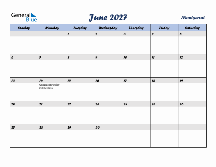 June 2027 Calendar with Holidays in Montserrat