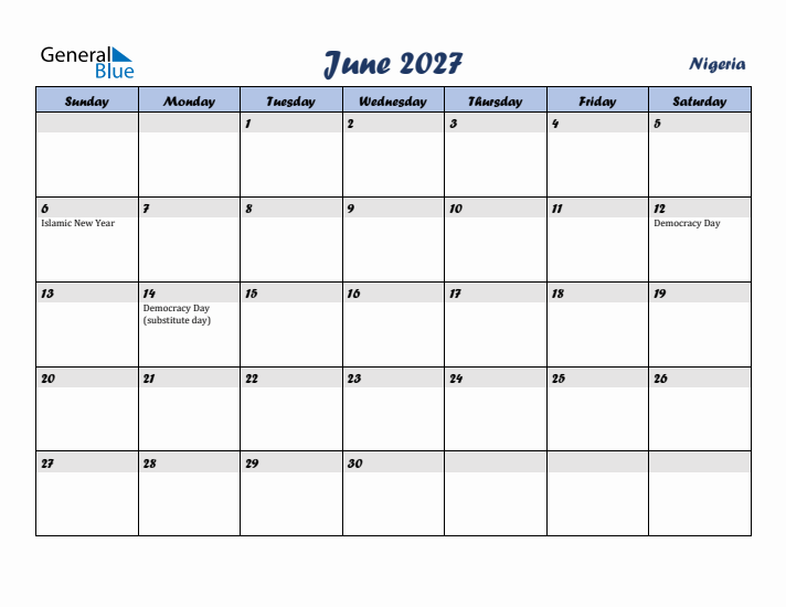June 2027 Calendar with Holidays in Nigeria