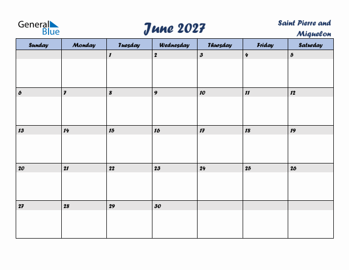 June 2027 Calendar with Holidays in Saint Pierre and Miquelon