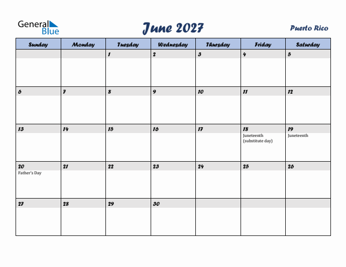 June 2027 Calendar with Holidays in Puerto Rico