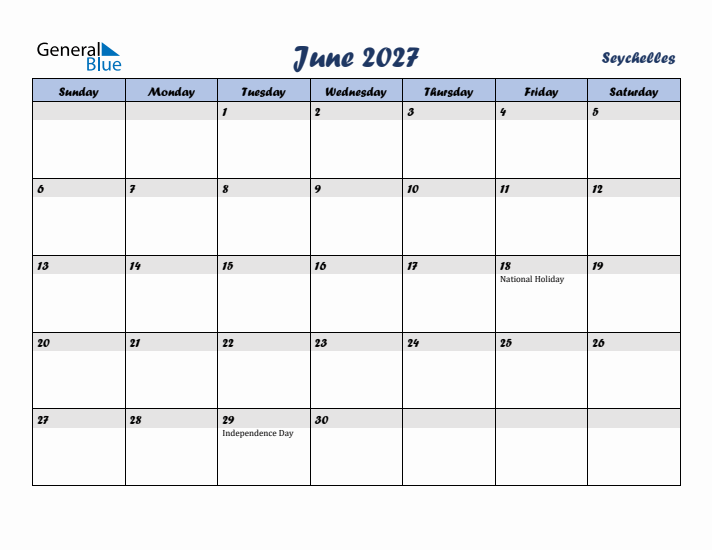 June 2027 Calendar with Holidays in Seychelles