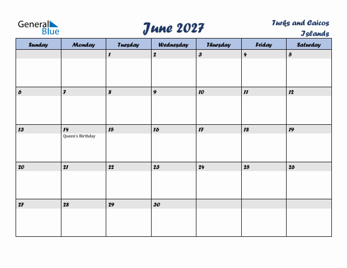 June 2027 Calendar with Holidays in Turks and Caicos Islands