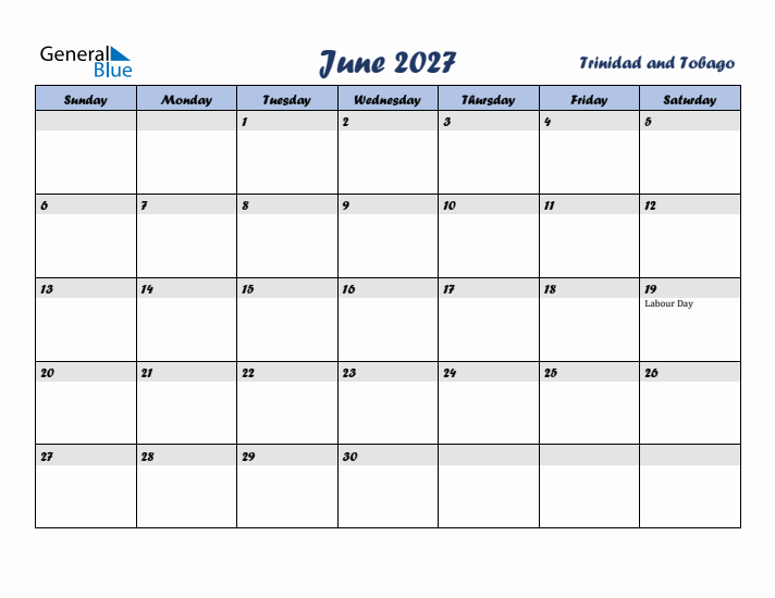 June 2027 Calendar with Holidays in Trinidad and Tobago