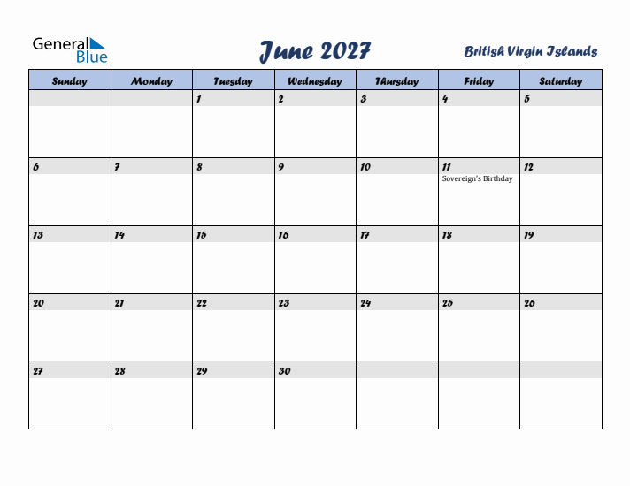 June 2027 Calendar with Holidays in British Virgin Islands