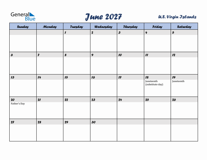June 2027 Calendar with Holidays in U.S. Virgin Islands