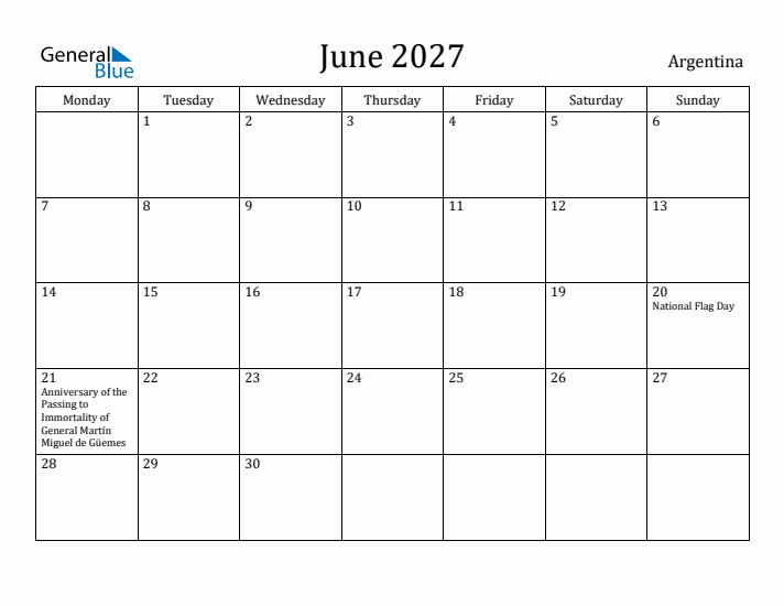 June 2027 Calendar Argentina