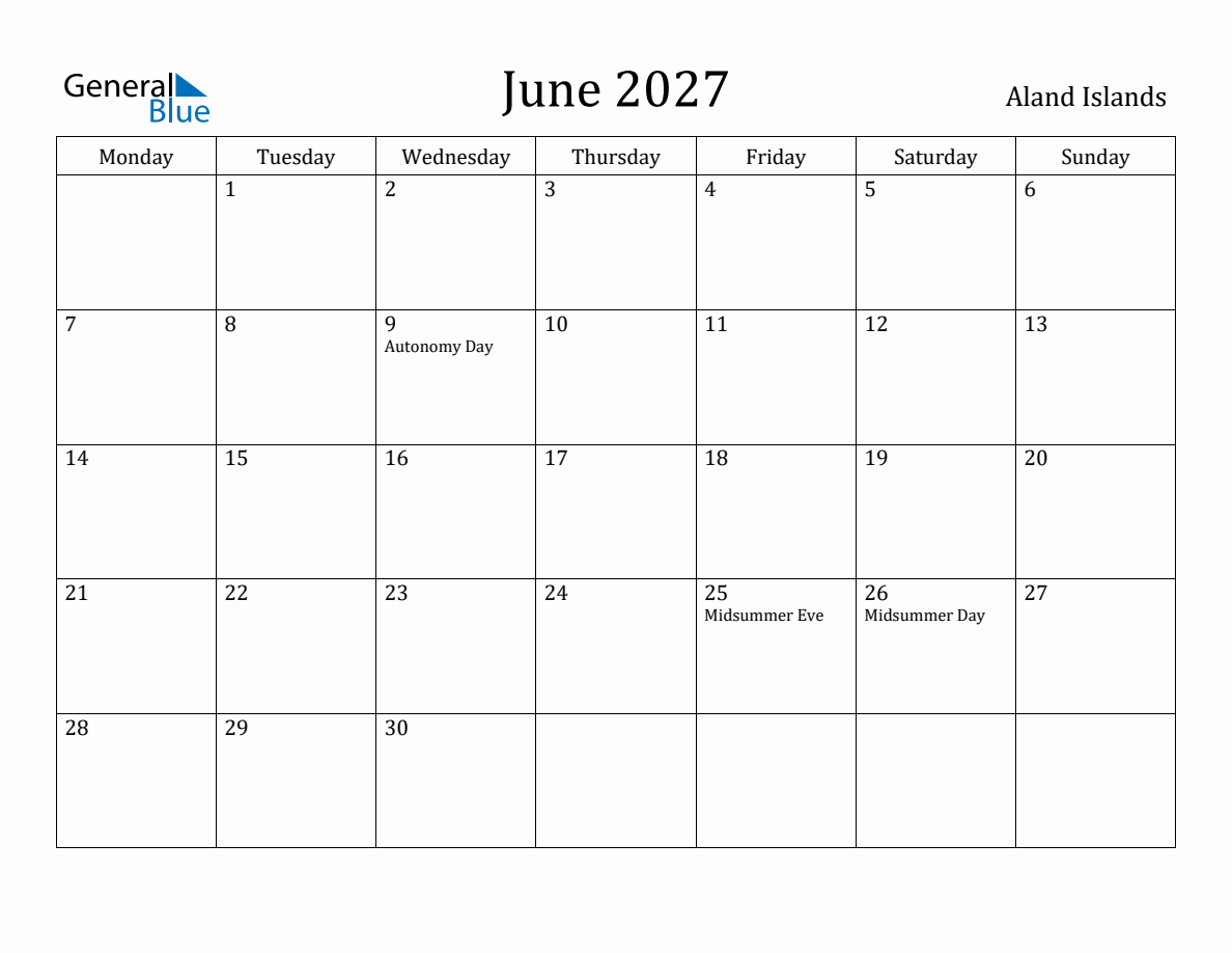 June 2027 Monthly Calendar with Aland Islands Holidays